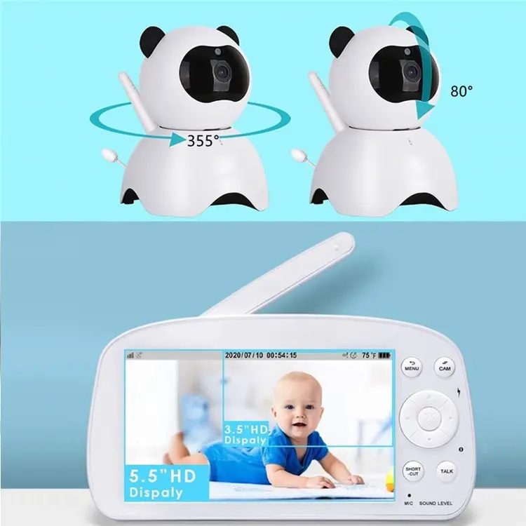 กล้องเฝ้าดูเด็กทารก5.5นิ้วแบตเตอรี่ไร้สายเชื่อมต่ออย่างปลอดภัยตรวจจับเสียงเตือนอุณหภูมิ5000mAh