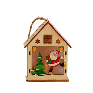 Wholesale Christmas Trees Decoration Eco-Friendly LED Light Santa Claus Wood Pendant Cartoon Printed Home Decor for Holidays