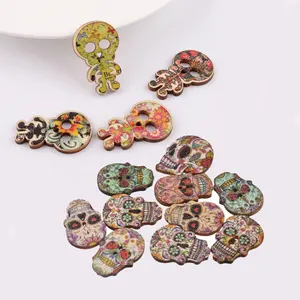 hot sale creative easter holiday two holes colored sugar skull alien design wooden buttons for scrapbooking decoration