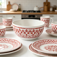 Ensemble de bols et assiettes en céramique rouge terre cuite à motifs floraux imprimés à la main, style bohème, vaisselle pour la maison, le restaurant, le camping et les cadeaux