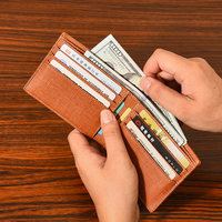 Desainer kustom Bifold PU kulit dompet ramping untuk pria RFID memblokir anak laki-laki tempat kartu terbuka poliester OPP tas anyaman pendek langsung