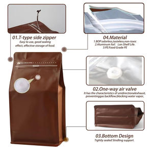Sacs à café marron refermables à fermeture éclair, sacs à café à fond plat avec valve et fermeture éclair - Product Image 2