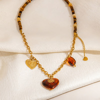 Collar SUMMLY de Acero Inoxidable Chapado en Oro de 18K, Resistente al Agua, Sin Deslustre, con Cuentas de Ámbar, Corazón, Sol y Ojo de Tigre, Estilo Boho para Mujer