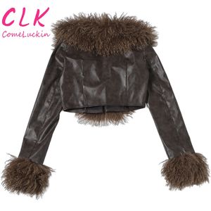 جاكيت نسائي جديد للخريف بياقة فرو قصيرة وشراشيب، بأكمام طويلة من الجلد الصناعي قابل للارتداء على الوجهين، صديق للبيئة، برقبة على شكل V - Product Image 2
