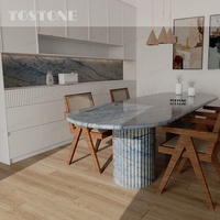 Table à manger ovale moderne en quartzite Macaubas Azul du Brésil, finition polie, pieds cannelés, prix DDP, livraison directe usine, plus de 10 exemplaires disponibles
