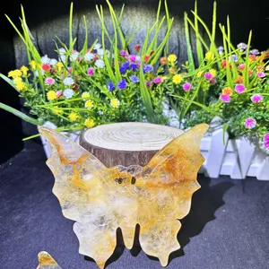 新しい彫刻天然石ハンドクラフト風水ゴールデンヒーラー蝶クリスタル彫刻動物装飾用