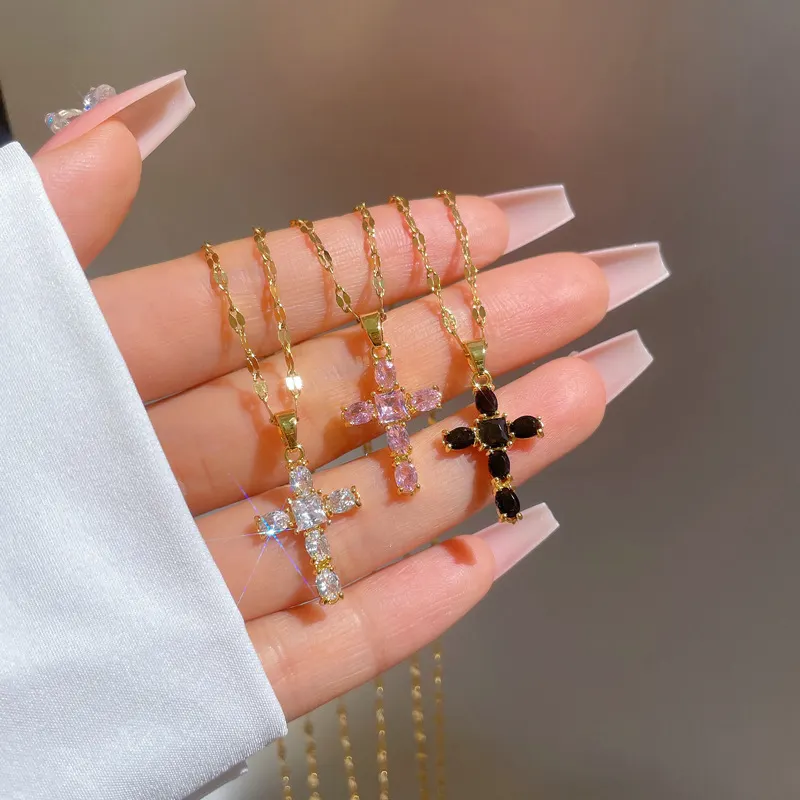 Kalung Choker liontin salib zirkon kreatif baja tahan karat kualitas tinggi untuk hadiah Wanita Perhiasan Fashion grosir Tiongkok