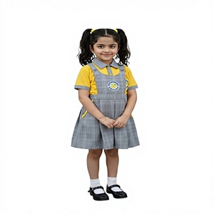 Conjunto de uniforme escolar a cuadros rojos para niñas, vestido de algodón de manga corta con cuello blanco y ribete de encaje, uniforme escolar de primaria - Product Image 3