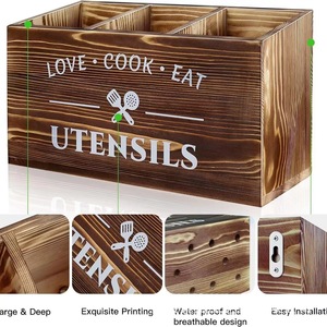 Caja de Almacenamiento de Utensilios de Madera Maciza Quemada de Estilo Vintage con Compartimentos para Organizadores de Cocina, Color Marrón - Product Image 2