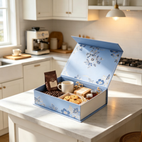 Coffret Cadeau Café Floral Bleu avec Grains de Café, Tasse, Biscuits, Pots de Miel, Emballage de Cuisine, Vente en Gros, Ensemble Cadeau Alimentaire en Carton