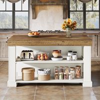 Table d'îlot de cuisine SENYU en bois avec plateau rustique et base blanche, étagère de rangement multifonctionnelle pour cuisine moderne
