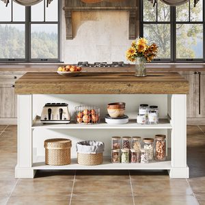 SENYU Wood Kitchen Island <b>Table</b> with Rustic Top and White Base, Multi-Functional Storage Shelf for Modern Kitchen - Product Image 6