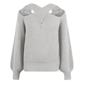 Vêtements d'hiver en tricot jacquard OEM avec logo personnalisé Vêtements pour femmes Pull-over en coton à col croisé pour femmes