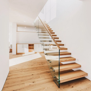 Escalera flotante recta de interior moderna <span class=keywords><strong>con</strong></span> banda de <span class=keywords><strong>madera</strong></span>, <span class=keywords><strong>escaleras</strong></span> de seguridad <span class=keywords><strong>con</strong></span> luz LED recta, barandilla de <span class=keywords><strong>vidrio</strong></span> negro - Product Image 5