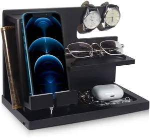 Zwart Hout Telefoon Docking Station Nachtkastje Organizer Bureau Accessoires Sleutelhouder Horloge Organizer