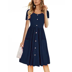 Classic Style Solid Color Pocket Fashion A-line Casual Dresses Women Ladies