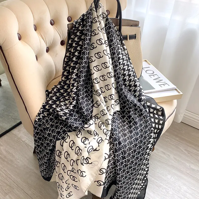 Ready to ship new designs ladies outdoor satin shawl luxury printed lightweight silk feeling oversize designer brand silk scarf