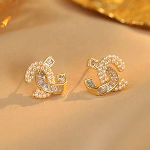 Trendy High-End Gold Plated Princess Cut Zircon Double C Stud <b>Earrings</b> <b>for</b> <b>Women</b> Light Luxury <b>Small</b> Style <b>for</b> Socialite Outfits - Product Image 4