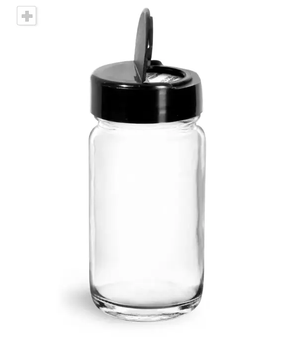 Recycelbare 2-Unzen-Glasdosen, klare Glas-Paragon-Gläser mit schwarzen Ps 113 gefütterten Gewürzkappen