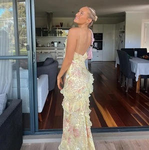 Robe de soirée pour femme, sans manches, dos nu, à volants, imprimé floral, style licou, coupe ajustée, <span class=keywords><strong>sexy</strong></span>, décontractée, pour la plage et les voyages - Product Image 6