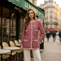 Manteau en tweed pour femme avec col côtelé rouge, bordure à volants blancs, manteau élégant pour femme