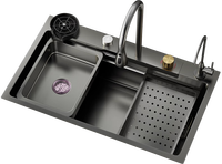 Évier de cuisine moderne à cuve unique carrée en acier inoxydable 304 multifonction à encastrer noir ultrasonique
