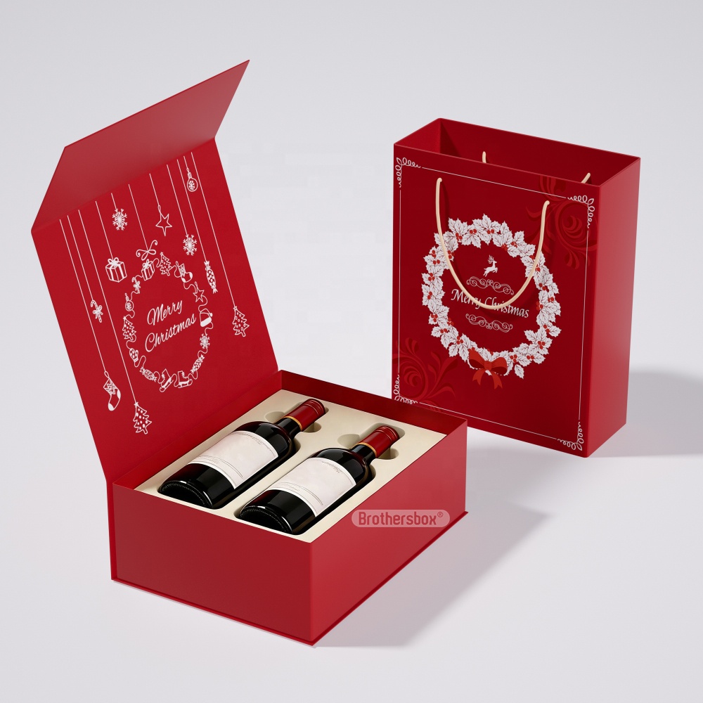 Premium Paperboard Gold Foiling Wine Packaging Box Recyclable Rigid Cardboard Luxury Magnetic Gift Box With Christmas