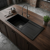 Évier de cuisine à montage supérieur, simple bac, en granit noir, résistant aux rayures, en pierre dure durable, avec plateau, design moderne