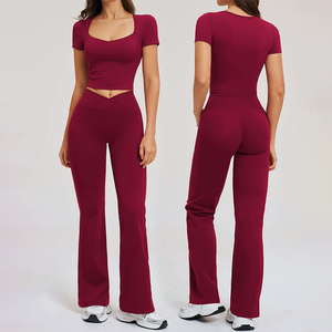 <b>Women</b> Yoga Set <b>Tight</b> Fashion Cutting Line High-Waisted Crop Top Bell Bottoms Outdoor Running Casual Sport Set Pockets - Product Image 1