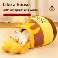TongMao Maison pour chat en flanelle, chaude pour l'hiver, fermée, sécurisée, type nid de pot de miel, fournitures pour animaux de compagnie, amovible, lavable, rembourrage en mousse à mémoire de forme
