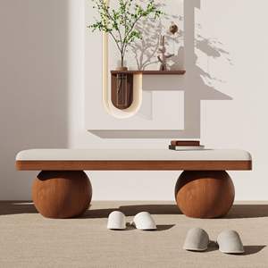 Banc d'entrée de style chinois en bois massif, design boule ronde, gain de place, banc de bout de lit pour chambre à coucher, utilisation polyvalente - Product Image 2