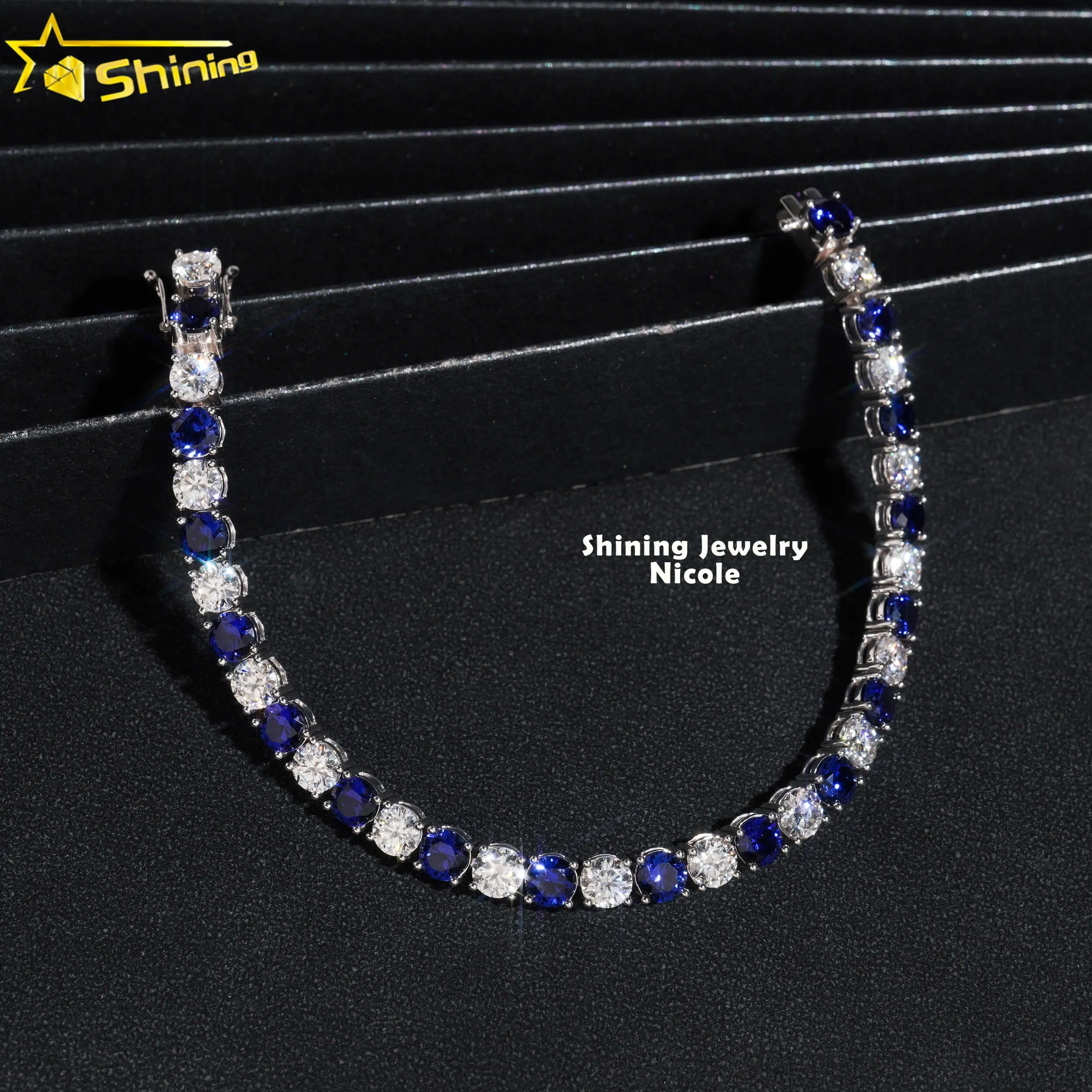 Custom Top Quality Certified 5MM 10k Real Gold Tennis Chain Bule Sapphire Mixed VVS Moissanite Tennis Bracelet