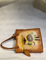 Sac fourre-tout en cuir pleine fleur imperméable peint à la main motif tournesol pour femme, sac à main vintage floral artistique avec fermeture éclair personnalisable