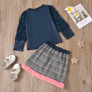 Ensemble de vêtements pour filles, chemisier à manches longues à volants d'été, jupe à carreaux pour bébé, 2 pièces, robes pour filles - Product Image 2