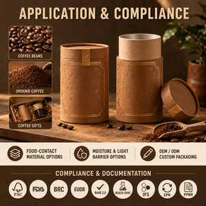 บรรจุภัณฑ์กาแฟแบบกล่องทรงกระบอกทำจากกระดาษคราฟท์แบบกำหนดเองสำหรับ OEM ย่อยสลายได้ทางชีวภาพ พร้อมซับในอะลูมิเนียมฟอยล์ ได้รับการรับรองมาตรฐาน FSC FDA BRC - Product Image 5