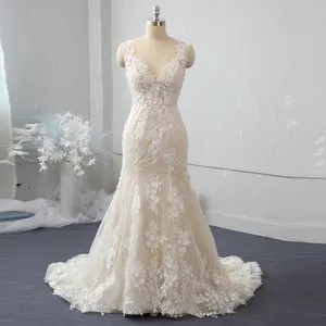 Champagne Fit And Flare Mermaid Wedding Gown With Detachable Overskirt 2 Pieces Wedding Dresses