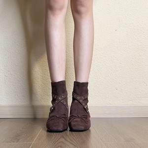 Genuine Leather Retro Cross Strap Ankle Boots, Women Square Toe Bow Heel Zip Elevator Slim Short Boots - Product Image 3