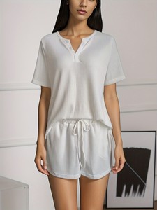 OEM Women <b>Top</b> <b>Shorts</b> <b>Set</b> V Neck <b>Short</b> Sleeve Summer Casual Streetwear Outfit Heat Transfer Logo - Product Image 2