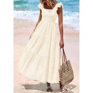 Vestido largo de verano para mujer con cuello cuadrado, manga casquillo, diseño de ojales, fruncido, con volantes en capas, corte en A, fluido y con bolsillos - Product Image 4
