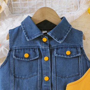 Ropa Infantil para Niñas de 4 a 8 Años, Conjunto Casual de Dos Piezas, Top de Mezclilla de Poliéster y Algodón y Vestido con Tirantes de Malla, Transpirable - Product Image 3
