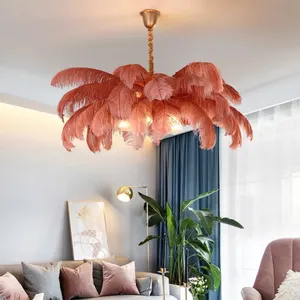 Koperen Kroonluchter Roze Veren Lampenkap Nordic Plafond Licht Roze Struisvogel Kwastjes Hanglamp Club Slaapkamer Verlichting