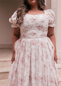2024 Summer Vacation Elegant Fat Women Puff Sleeve Floral Ruched <strong>Plus</strong> <strong>Size</strong> Maxi <strong>Dresses</strong> - Product Image 4