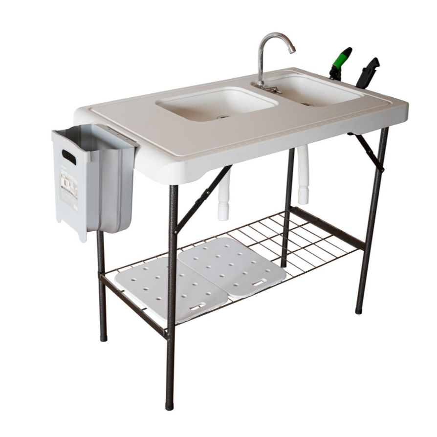 Factory Wholesale Outdoor Camping Foldable Fillet Tables with 2 Sinks, Folding Faucet, Sprayer, Knife, Bin, Steel Net