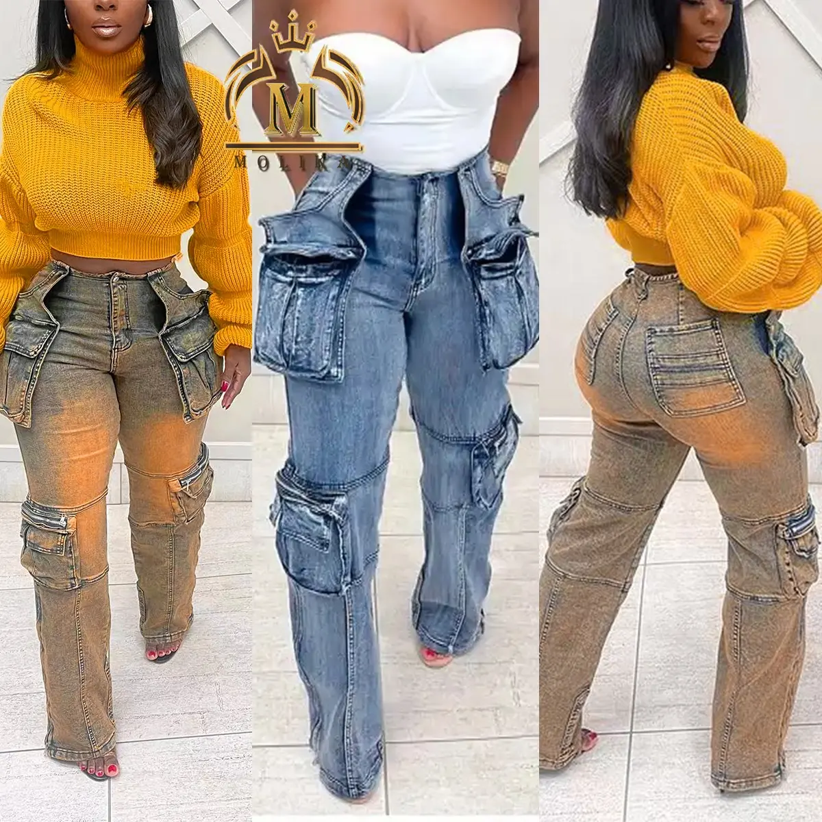 High Street Jeans Women Big Pocket Patchwork Straight High Waist Workout Denim Pants Women Y2K Washed Denim Female Cargo Jeans