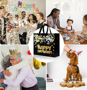 Grande <span class=keywords><strong>borsa</strong></span> regalo di compleanno riutilizzabile in tessuto Non tessuto nero con pois lucidi oro per feste di buon compleanno o uso del supermercato - Product Image 3