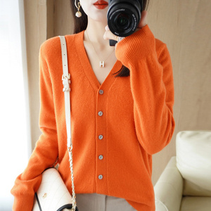<span class=keywords><strong>H</strong></span>-644 Cardigans <span class=keywords><strong>et</strong></span> pulls pour femmes Printemps-Automne, col en V, boutonnage simple, tricoté, couleur unie, coupe ajustée, style décontracté - Product Image 2