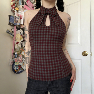 เสื้อครอปท็อปผู้หญิงลายสก็อต Y2K แบบผูกโบว์เว้าไหล่ทรงเข้ารูปแขนกุด เซ็กซี่สไตล์วินเทจสำหรับฤดูร้อนแฟชั่นสตรีทแวร์ - Product Image 2