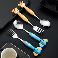 Ensemble de couverts en acier inoxydable pour enfants, forme d'animaux, cuillère et fourchette, manche en silicone, dessin animé, qualité alimentaire