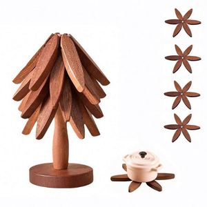4-Piece Wooden <b>Trivet</b> Set in Tree Shape Heat-Resistant Cup Holder <b>Stand</b> with Padding for Home Storage & Table Usage - Product Image 2