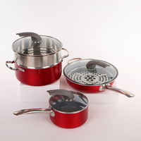 Peralatan Masak Anti Lengket Merah Mengkilap Logam Aluminium Set Panci dan Wajan Dengan Gagang yang Dapat Diangkat dan Penyaring